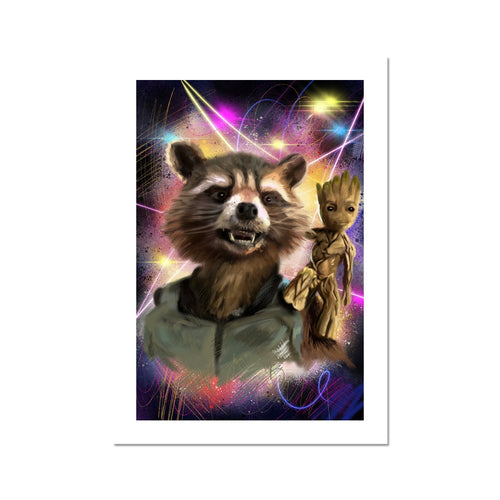 Rocket Raccoon and Baby Groot Portrait Fine Art Print from marvel film Guardians of the Galaxy.