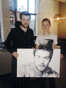 Jack Whitehall and Artist Jamie Wilkinson with painting